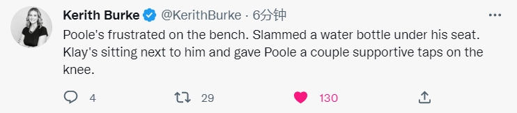 队记：普尔在板凳席上沮丧摔水杯 克莱拍其膝盖表达支持