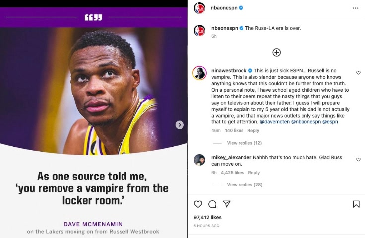 ESPN谈威少是湖人吸血鬼！威少妻子怒批：真恶心 就是为了博流量