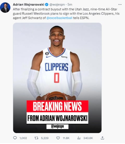 终于定下来了！Woj：威少与爵士敲定买断合同 计划签约快船！