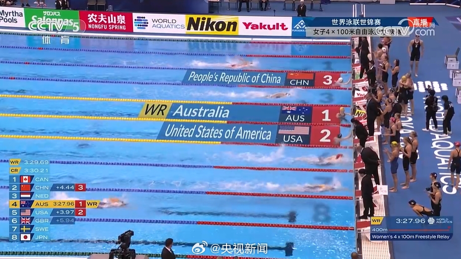 好样的！女子4X100米自由泳接力，中国队破亚洲纪录获铜牌澳大利亚破世界纪录夺冠