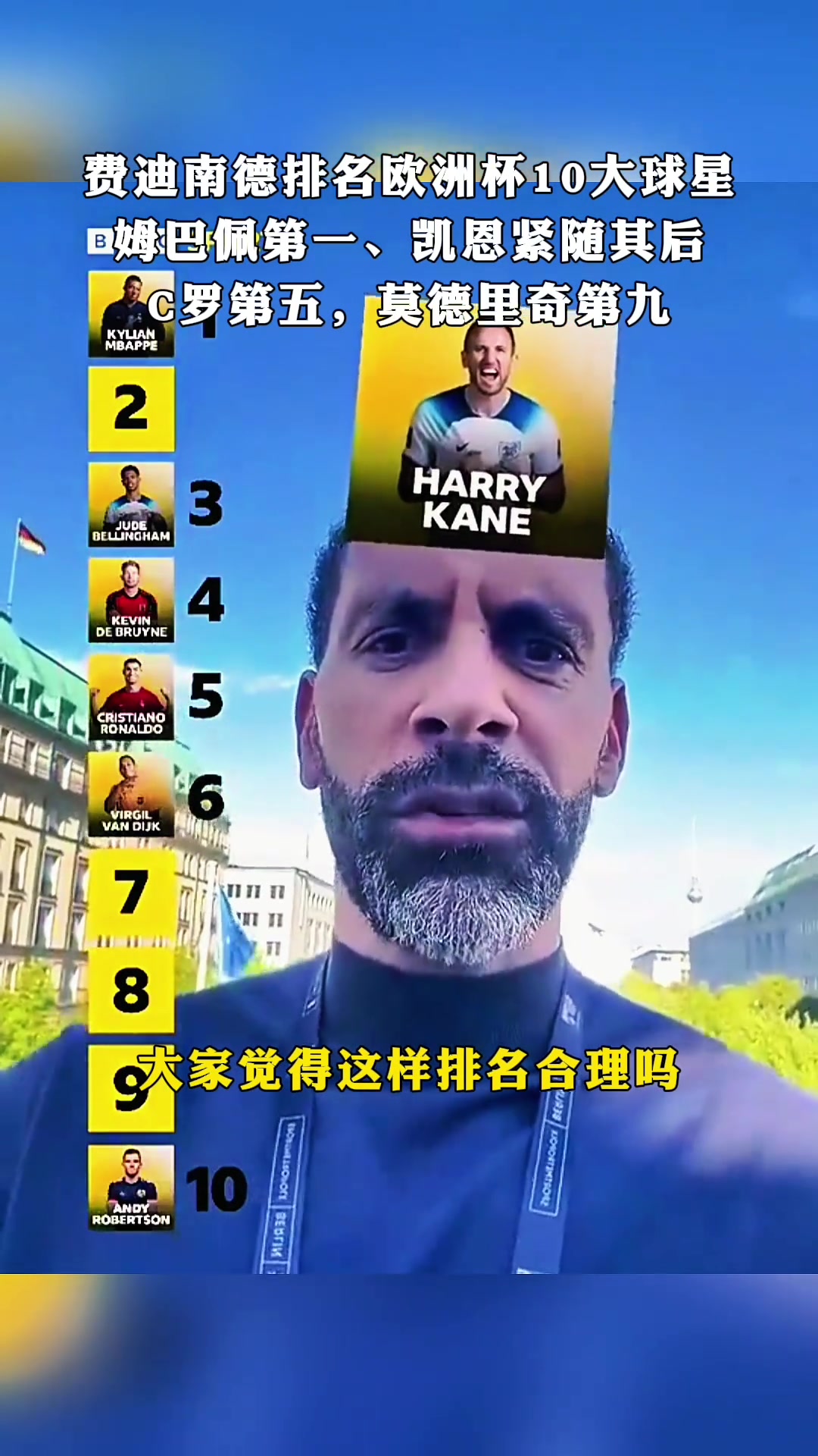 费迪南德排名欧洲杯球星:姆巴佩第一 凯恩第二 C罗第五