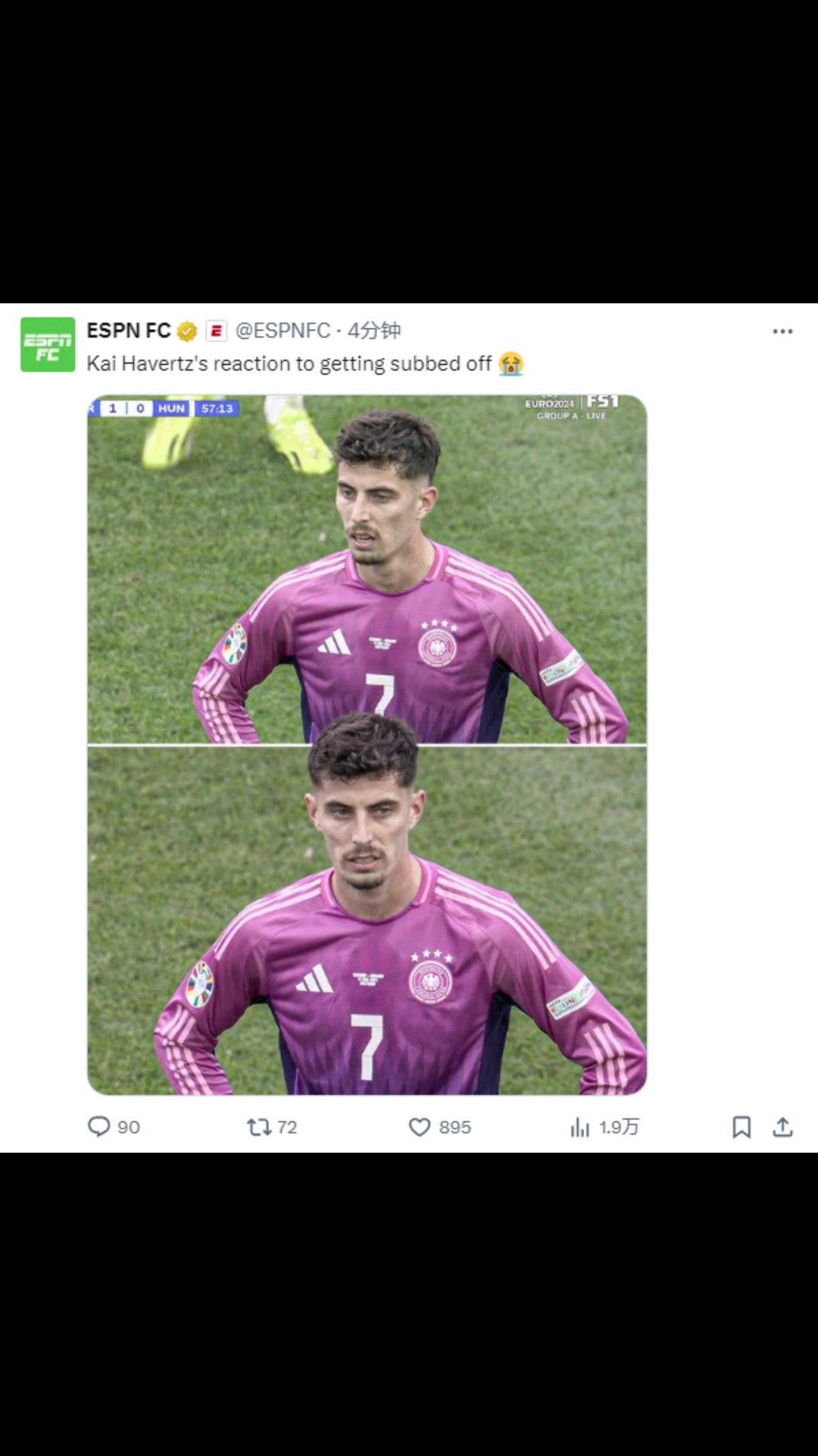 怎么了？ESPN：哈弗茨被换下时的反应