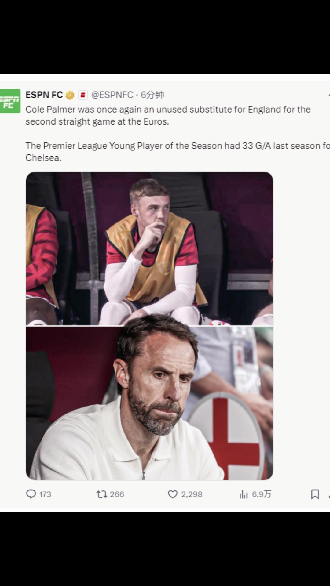 ESPN：帕尔默在切尔西赛季创造33个G/A，索斯盖特却让他2场都90分钟枯坐冷板凳