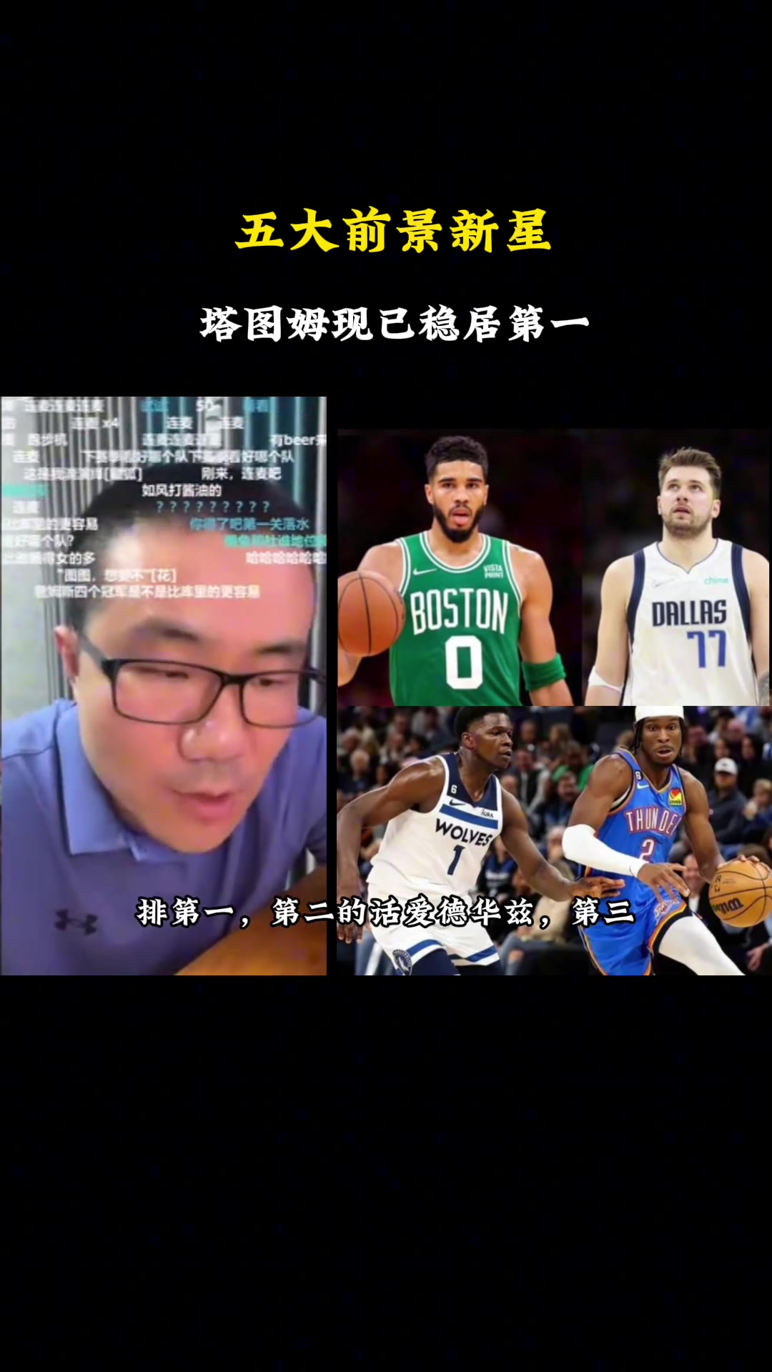 当今联盟五大最有前景的年轻球员怎么排？徐静雨：塔图姆第一，东契奇不减重只能排第五