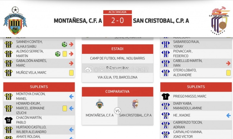 圣克里斯托瓦尔02蒙塔涅萨何小珂伤愈复出在第64分钟替补出场
