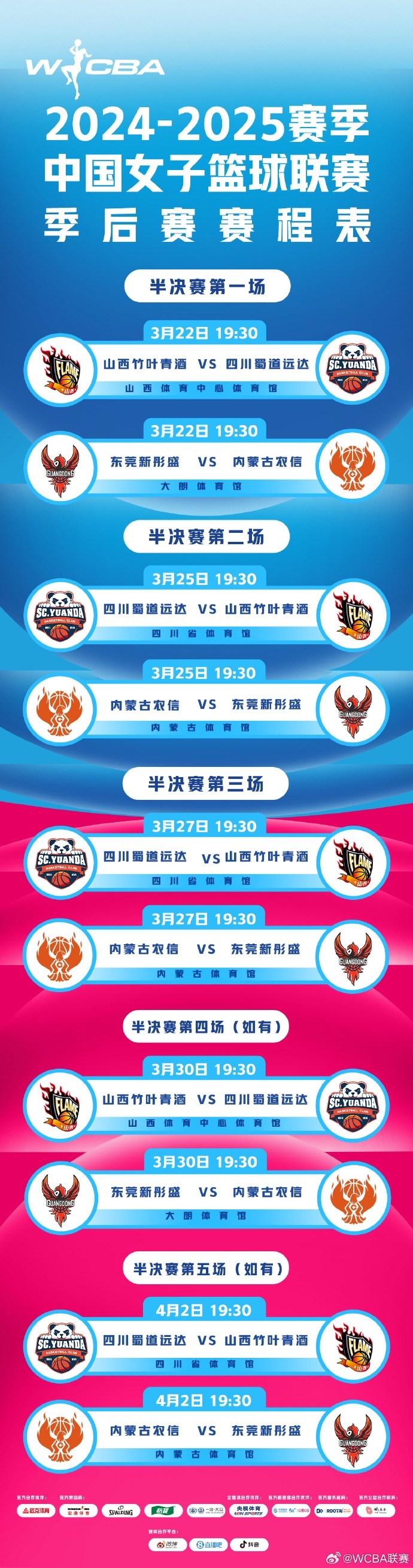 WCBA半决赛22日开打山西女篮vs四川女篮东莞女篮vs内蒙古女篮