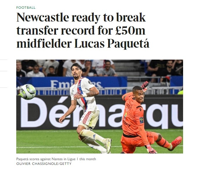 泰晤士报：纽卡准备5000万镑引进帕奎塔，阿森纳也对球员感兴趣