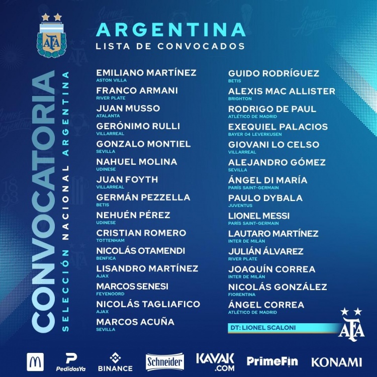 阿根廷对阵意大利名单：梅西领衔，迪马利亚、迪巴拉在列
