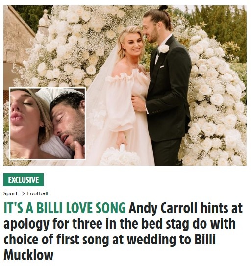 太阳报：上周六的婚礼，卡罗尔疑似用歌曲为“床照门”向妻子道歉