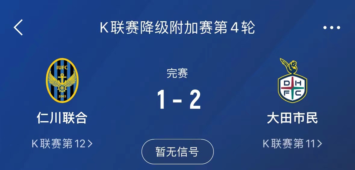 仁川联主场12不敌大田市民，提前一轮从K1联赛降级