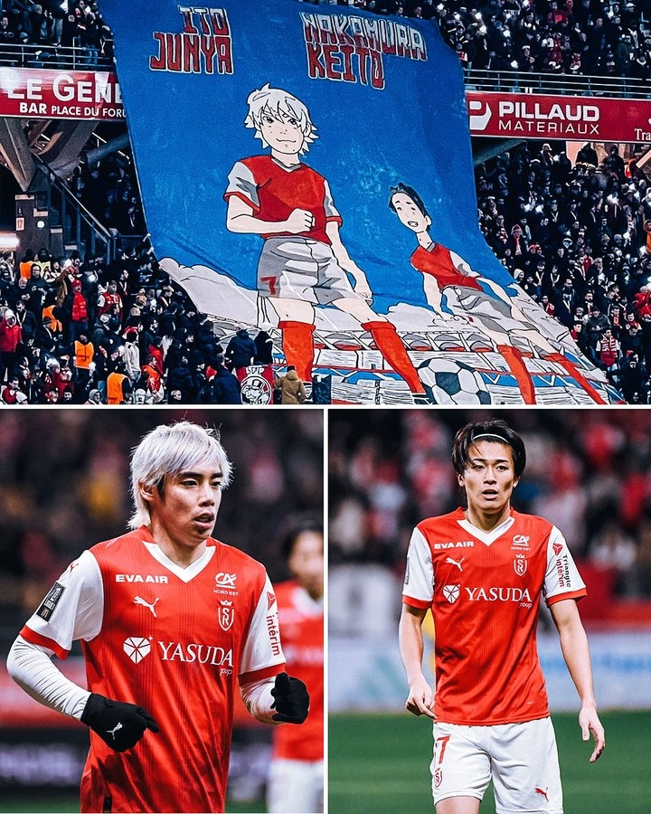 本轮法甲，兰斯球迷晒日本球员伊东纯也和中村敬斗的巨型TIFO