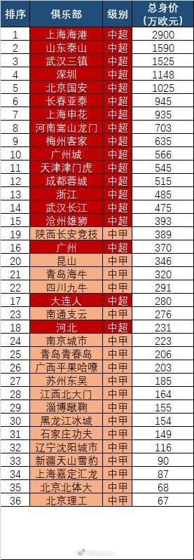 中国前两级联赛俱乐部总身价榜：海港2900万欧居首，泰山第二