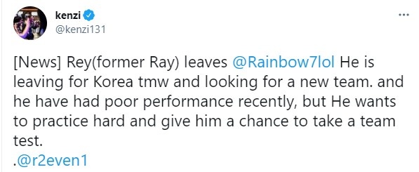 韩媒：Ray已离开R7并希望回到韩国赛区