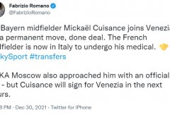 罗马诺：屈桑斯转会威尼斯的交易已完