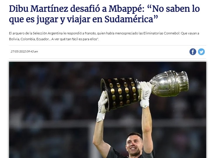 马丁内斯回击姆巴佩言论：来南美踢球