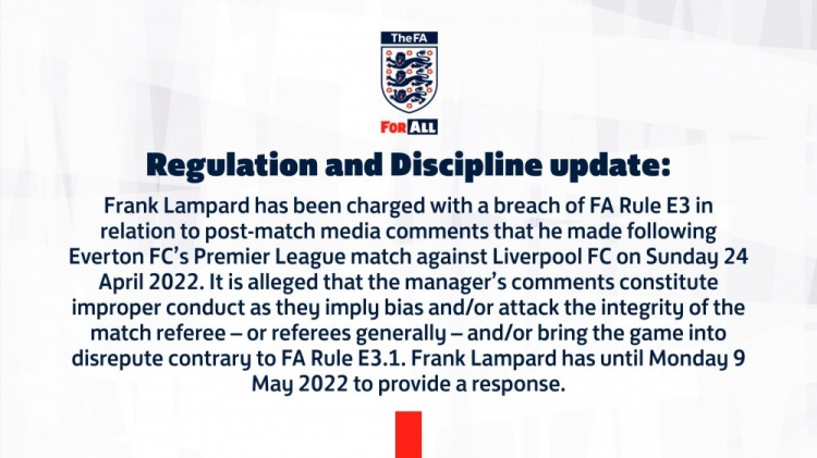 官方：英足总正式调查兰帕德在对阵利物浦赛后的相关言论