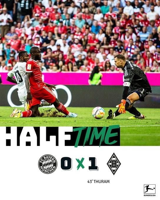 拜仁本赛季前4个上半场：3-0、5-0、2-0、4-0，本场0-1门兴