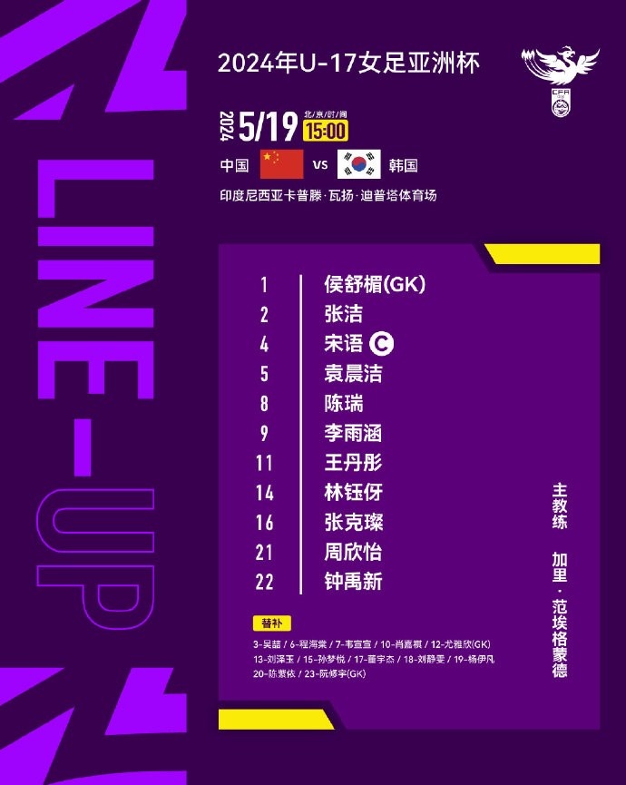 U17女足亚洲杯中国U17女足对阵韩国队首发阵容
