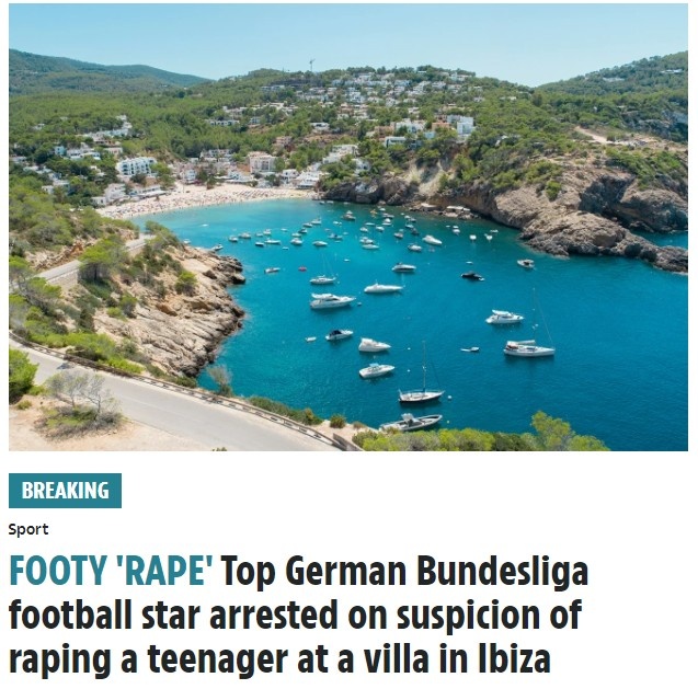 太阳报：一德甲球星在西班牙伊维萨岛涉嫌性侵被逮捕