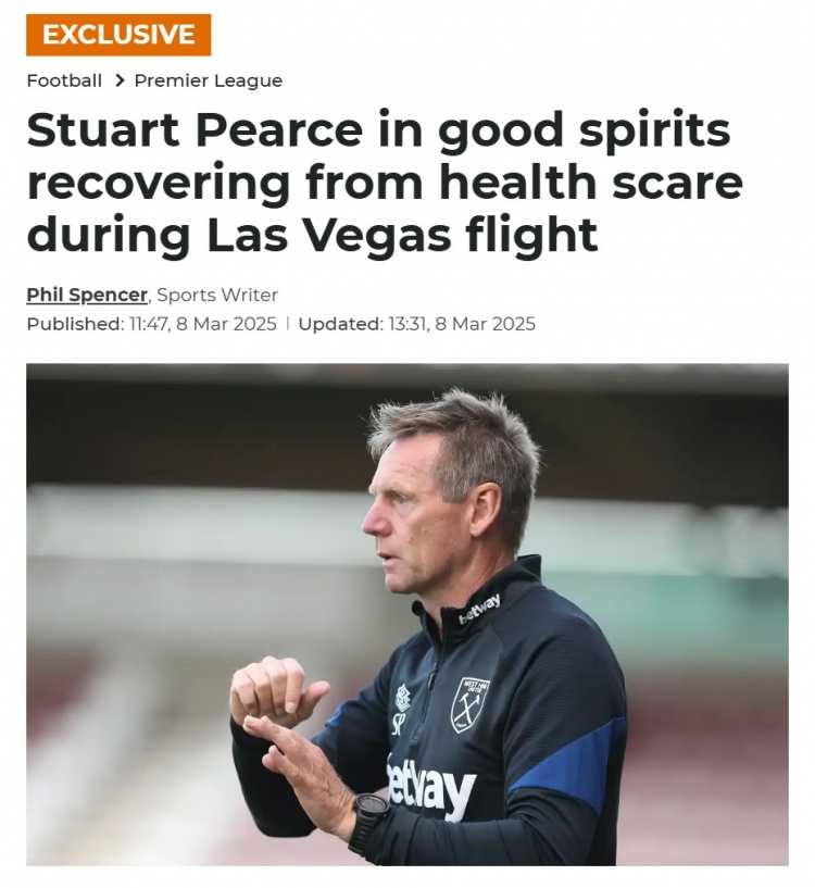 talkSPORT：因健康问题入院的英格兰名宿皮尔斯正在康复状态良好