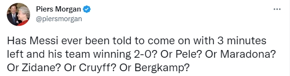 摩根：梅西有没有最后三分钟被叫去替补登场？贝利老马齐祖有吗？
