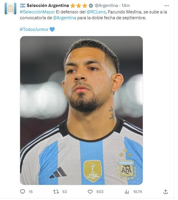 阿根廷队官方：补召朗斯24岁后卫梅迪纳进入本期国家队大名单