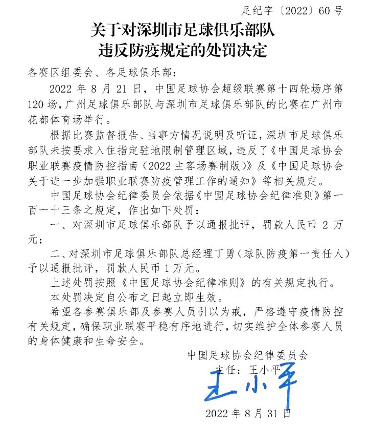 深足因违反防疫规定遭罚款2万元，大连人因违规违纪遭通报批评
