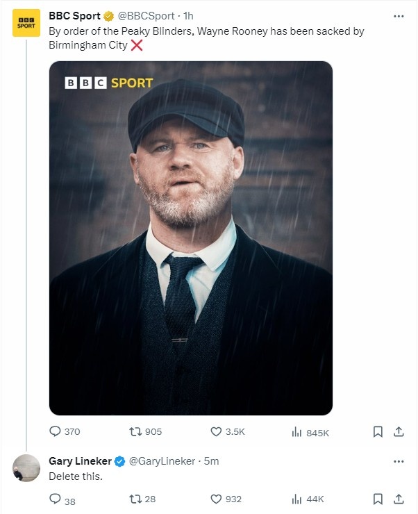 太阳报：BBC删除了以英剧《浴血黑帮》谢尔比为主题的鲁尼下课P图