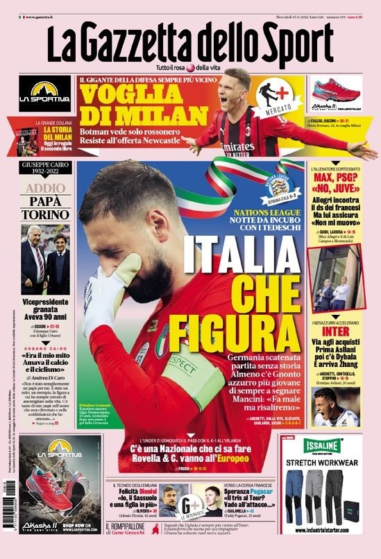 米兰体育报头版：意大利真丢人