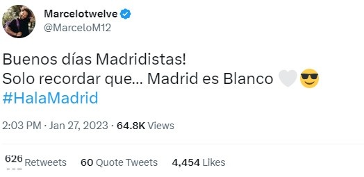 马塞洛社媒庆祝皇马胜利：早上好球迷们，要记住马德里是白色的！