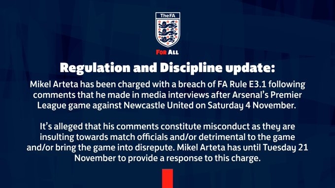 官方：阿尔特塔在对纽卡赛后侮辱比赛官员，被英足总指控
