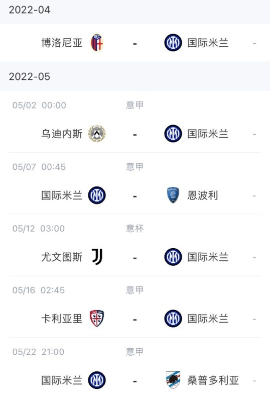 国米剩余5场已无前十名对手，AC米兰剩余四场对手均为前十