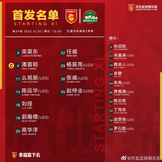 河北vs河南首发：全华班对阵单外援，两队各6名U23先发
