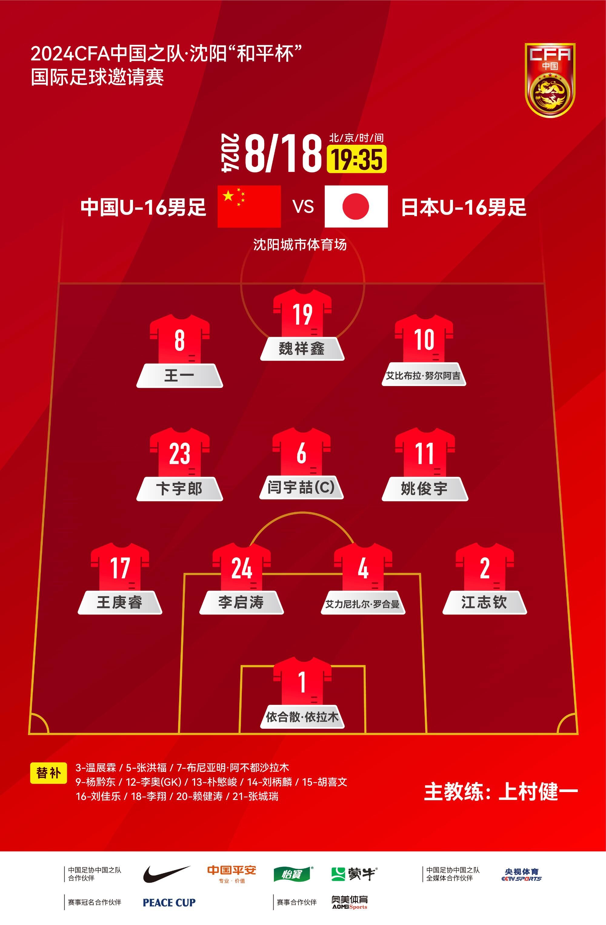 中国U16vs日本U16首发：魏祥鑫、闫宇哲出战，张洪福、李翔替补