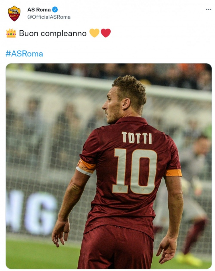 罗马祝托蒂46岁生日快乐，球员为红狼
