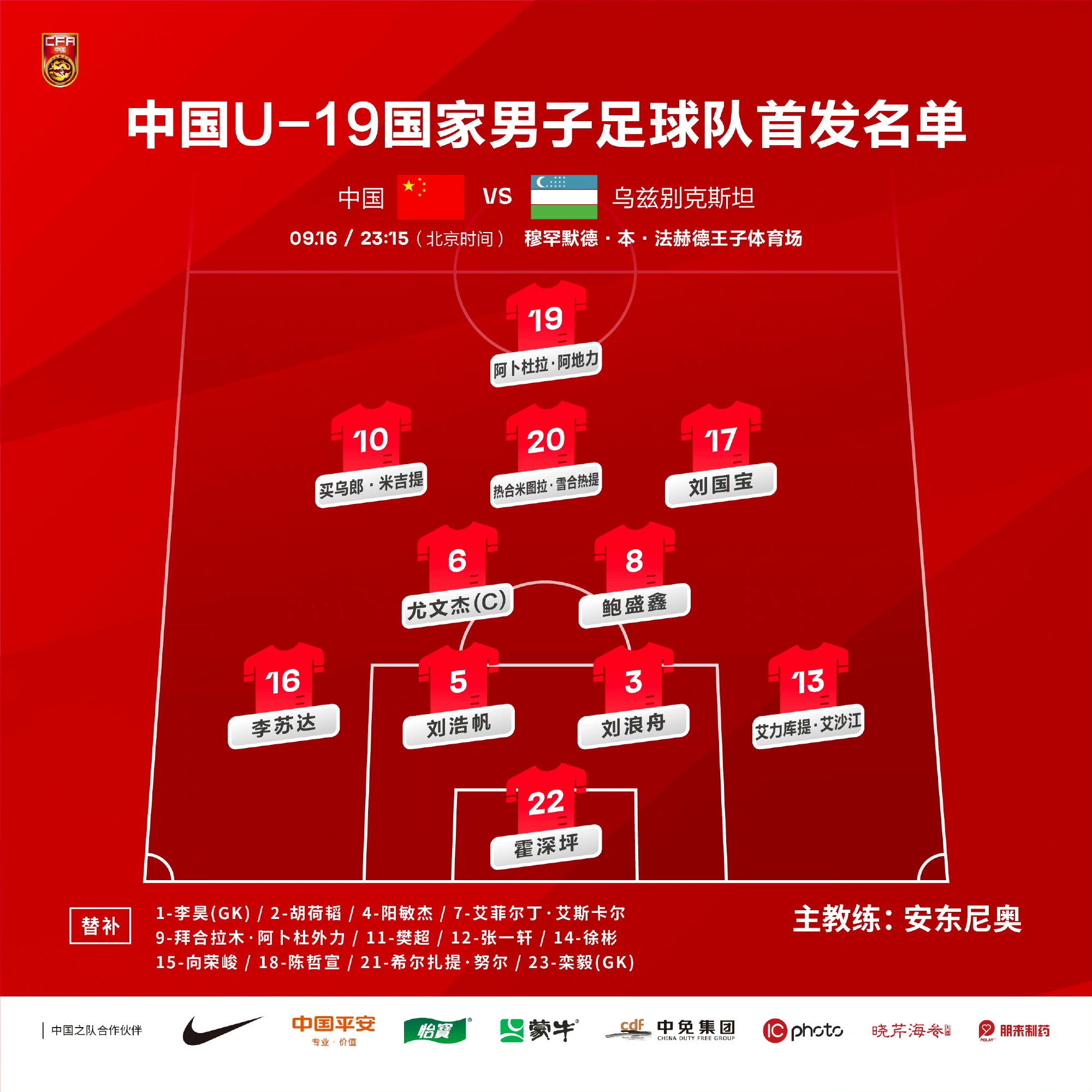 U19男足vs乌兹别克斯坦首发：刘国宝、尤文杰先发！
