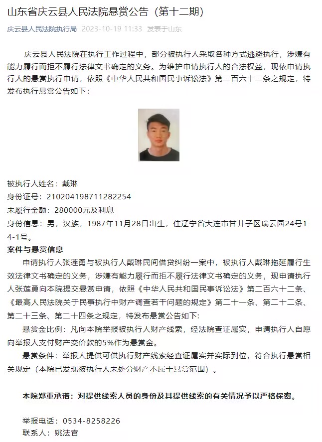 山东省庆云县法院：戴琳未履行金额为28万元人民币及利息