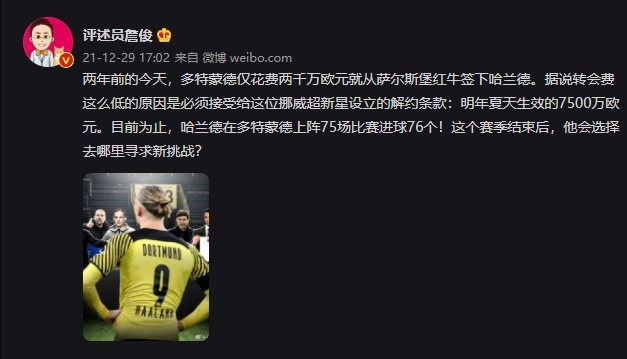 詹俊：效力多特75场进76球，哈兰德会去哪里寻求新挑战？ ​​​