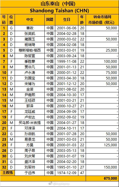 山东泰山亚冠报名名单：方昊入选，刘军帅在列，于远伟挂帅