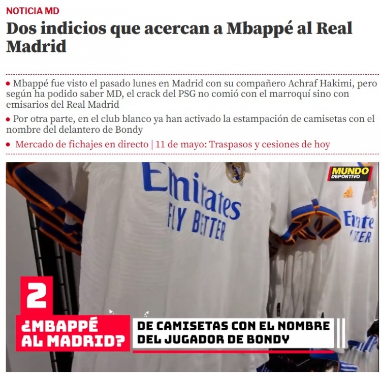 世体：姆巴佩在马德里是和皇马代表用餐 皇马准备2万件球员球衣