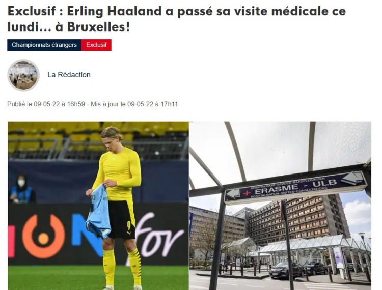 外媒：哈兰德今天在曼城队医陪同下到比利时接受体检