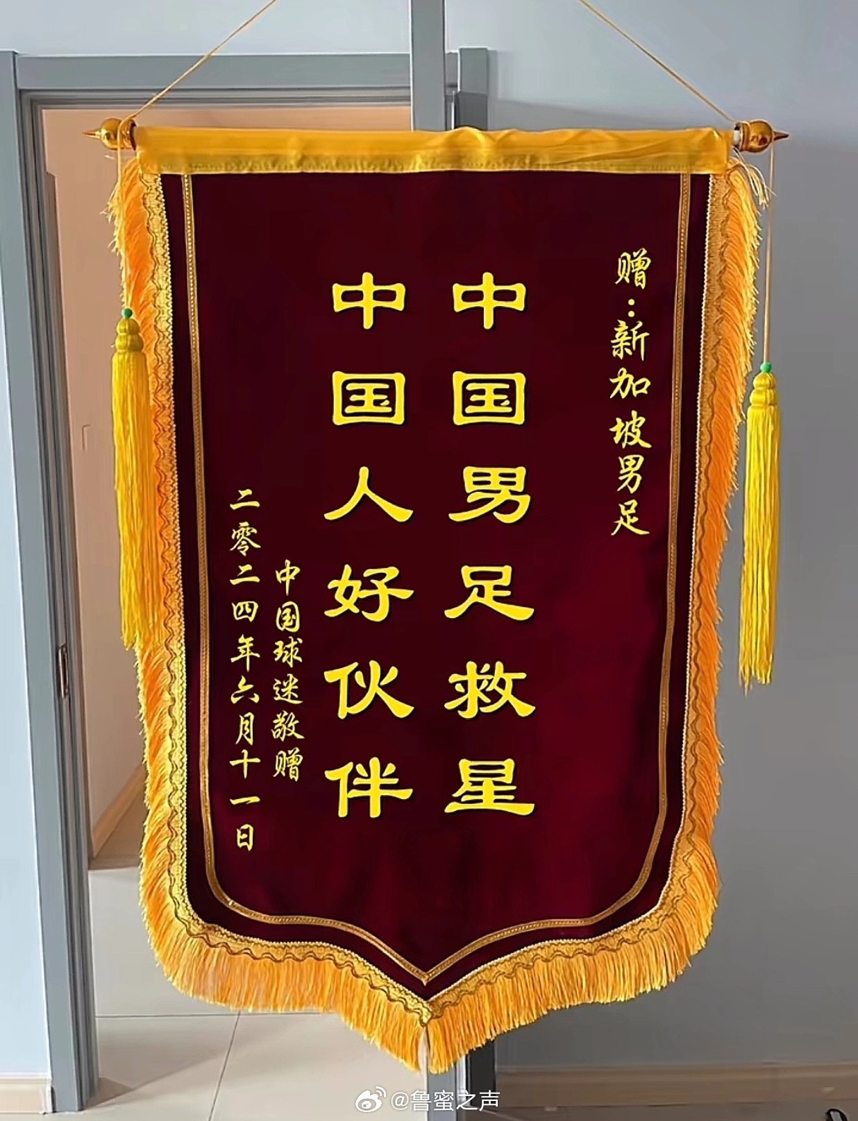 网传球迷给新加坡男足制作锦旗：中国人的好伙伴，中国男足的救星