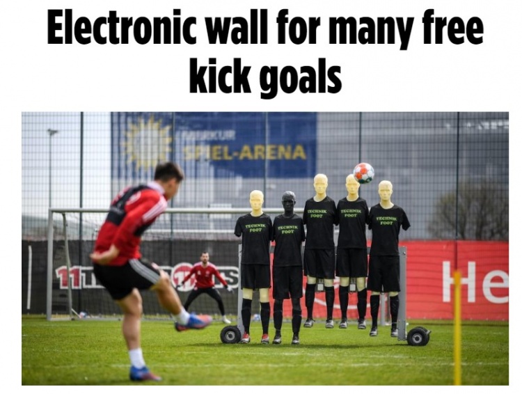 图片报：杜塞尔多夫通过电动人墙训练任意球，每个假人可独立起跳