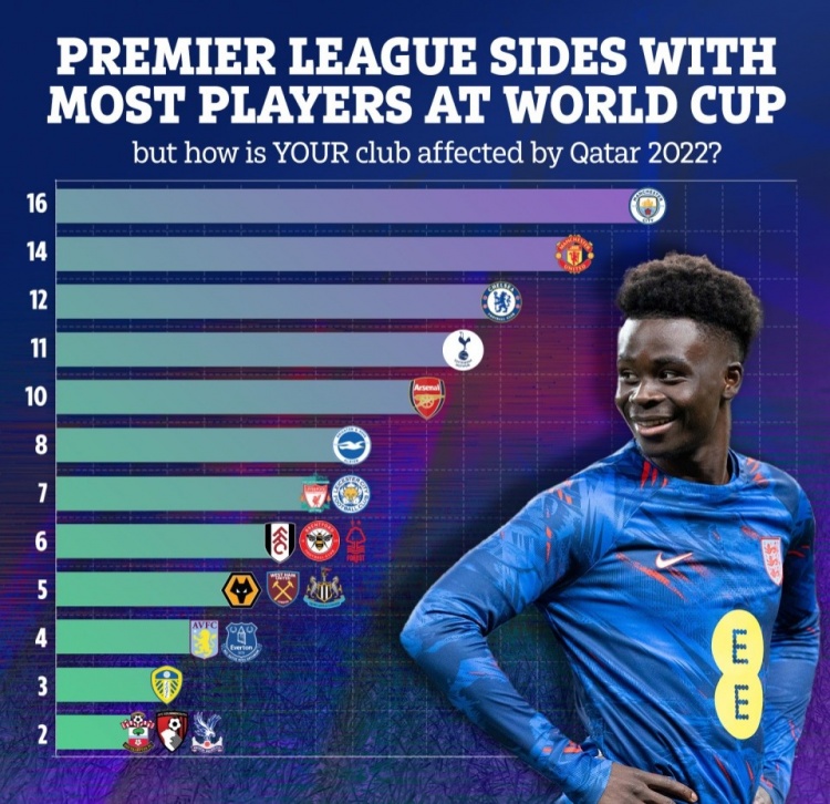 英超各队参加世界杯人数：曼城16人曼联14人，枪手10人利物浦7人
