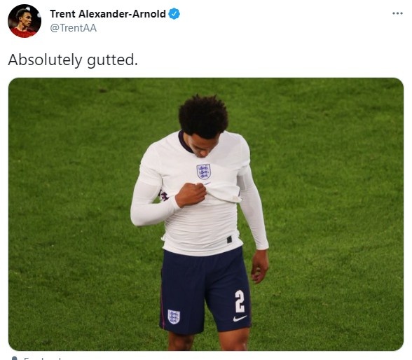 阿诺德在错过欧洲杯后第一次在社交媒体上发言:悲伤