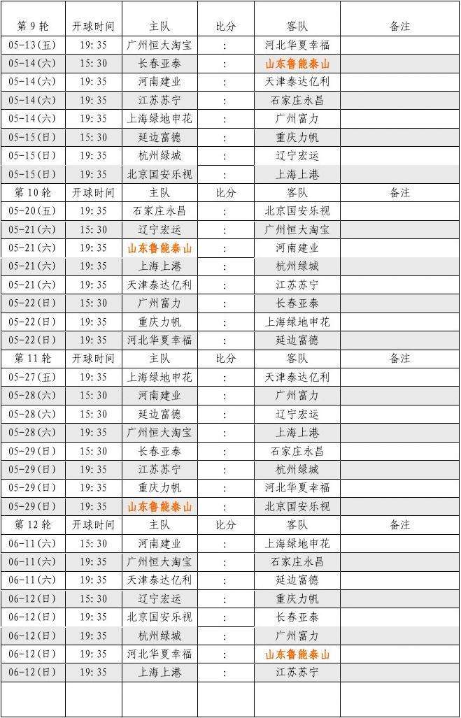 中超赛程表「2021泰山中超赛程表」