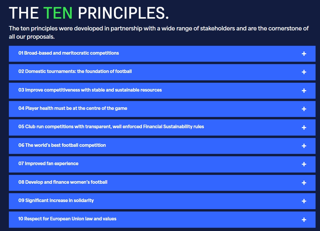 欧超发布10项准则：俱乐部赛事应由俱乐部管理 必须尊重球员健康