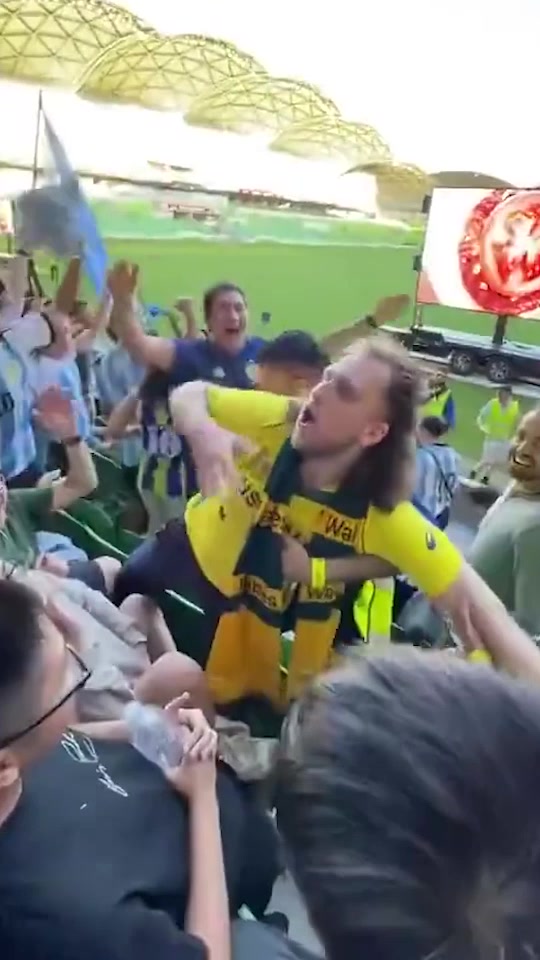 阿根廷球迷庆祝胜利，旁边的澳大利亚球迷狂怒