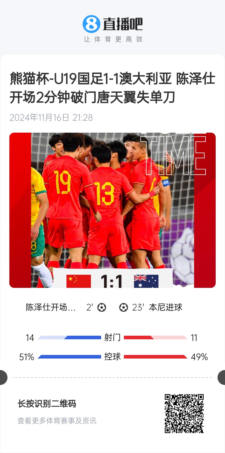 二番战！U20国青与澳大利亚去年熊猫杯刚有过交手，双方11战平