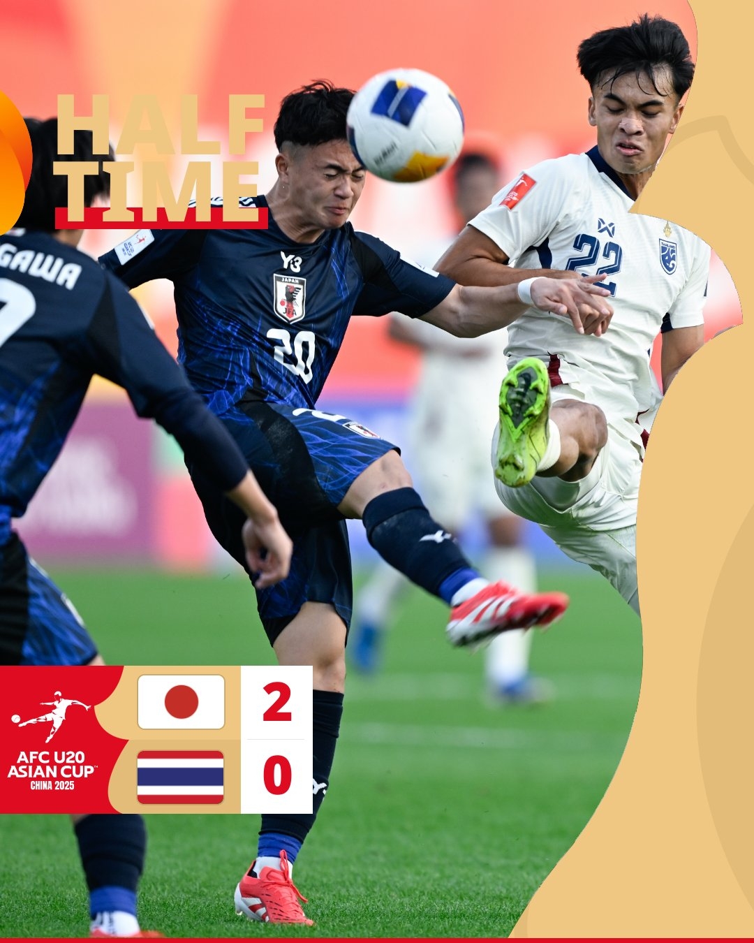半场日本U2020领先泰国U20，石井久继破门+中柱泰国0射正